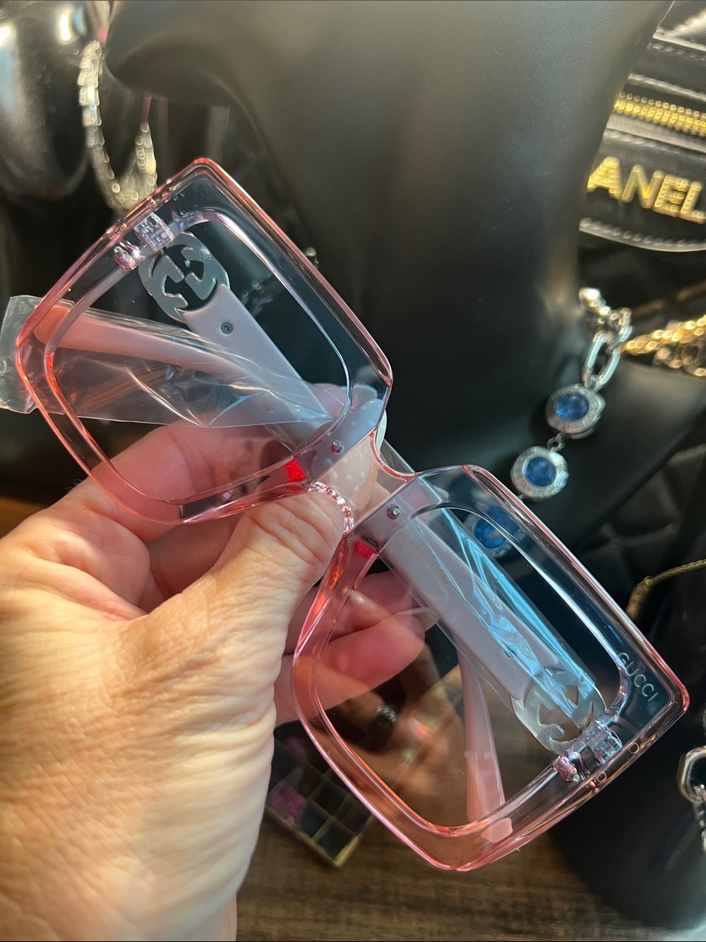 Pink Square-Frame Sunglasses with Clear Temples